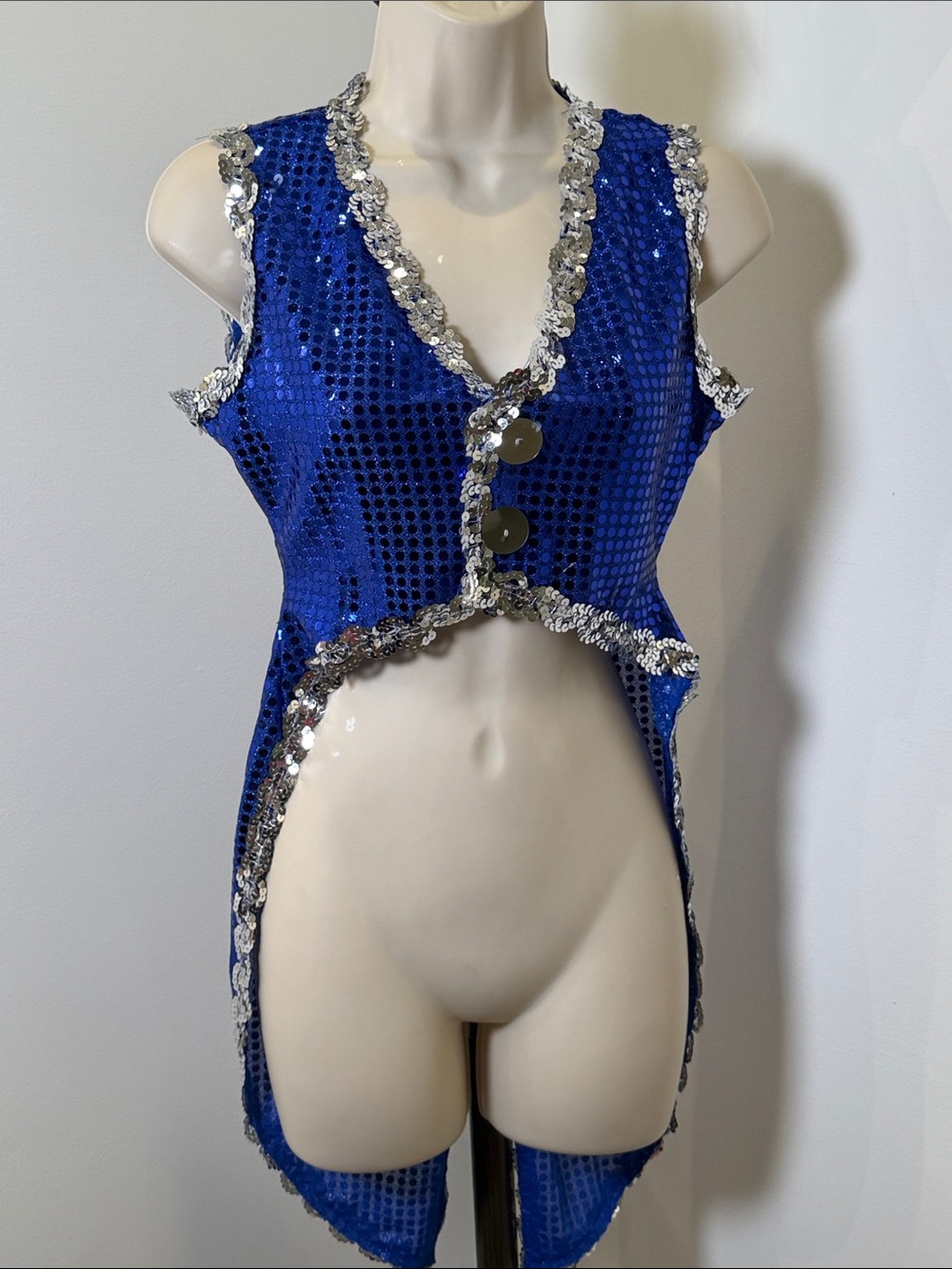 NEW! Curtain Call Costumes Blue Sequin Tailcoat Vest with Silver Trim